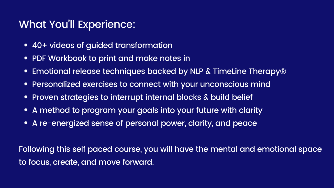 Breakthrough Bootcamp online course features showing guided videos, emotional release techniques, NLP-based exercises, and future-focused personal transformation.