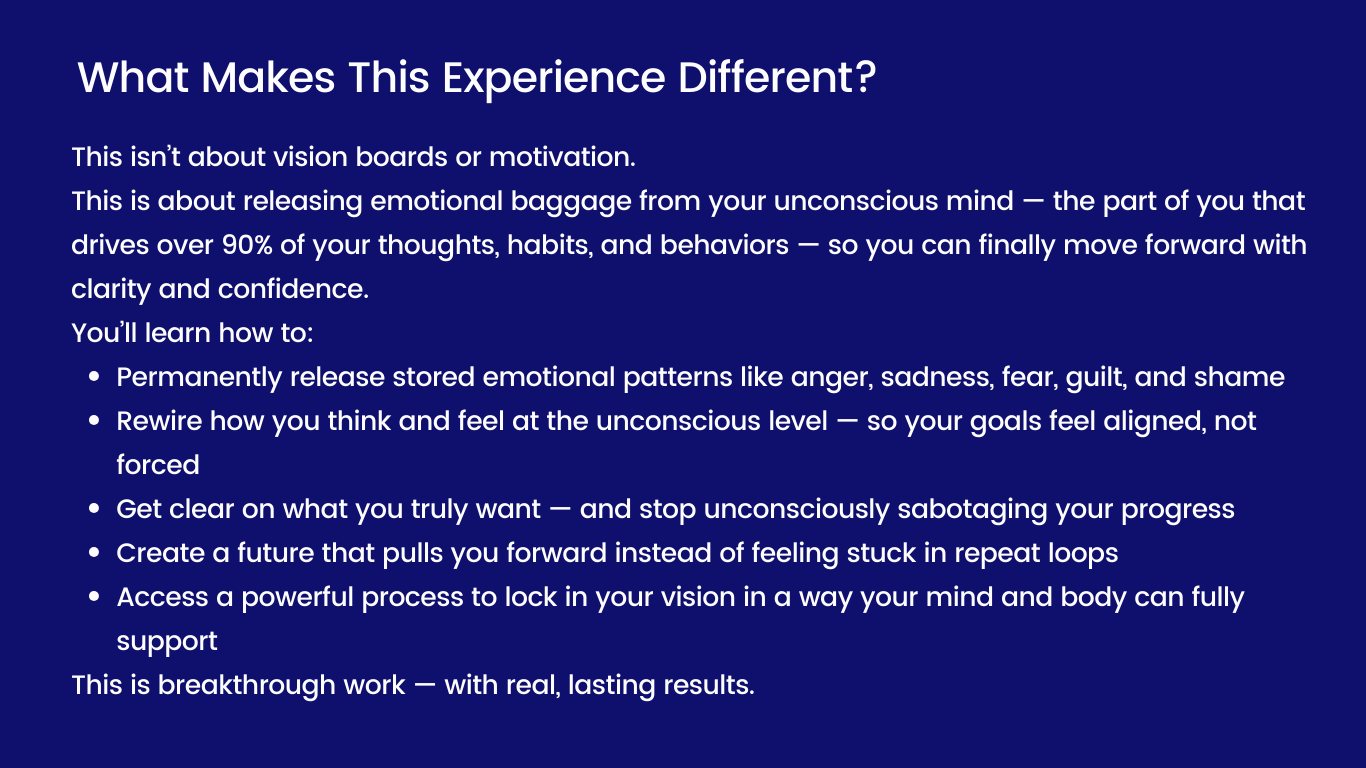 Breakthrough Bootcamp course section explaining how the program helps release unconscious emotional blocks and create lasting personal transformation beyond traditional goal setting.