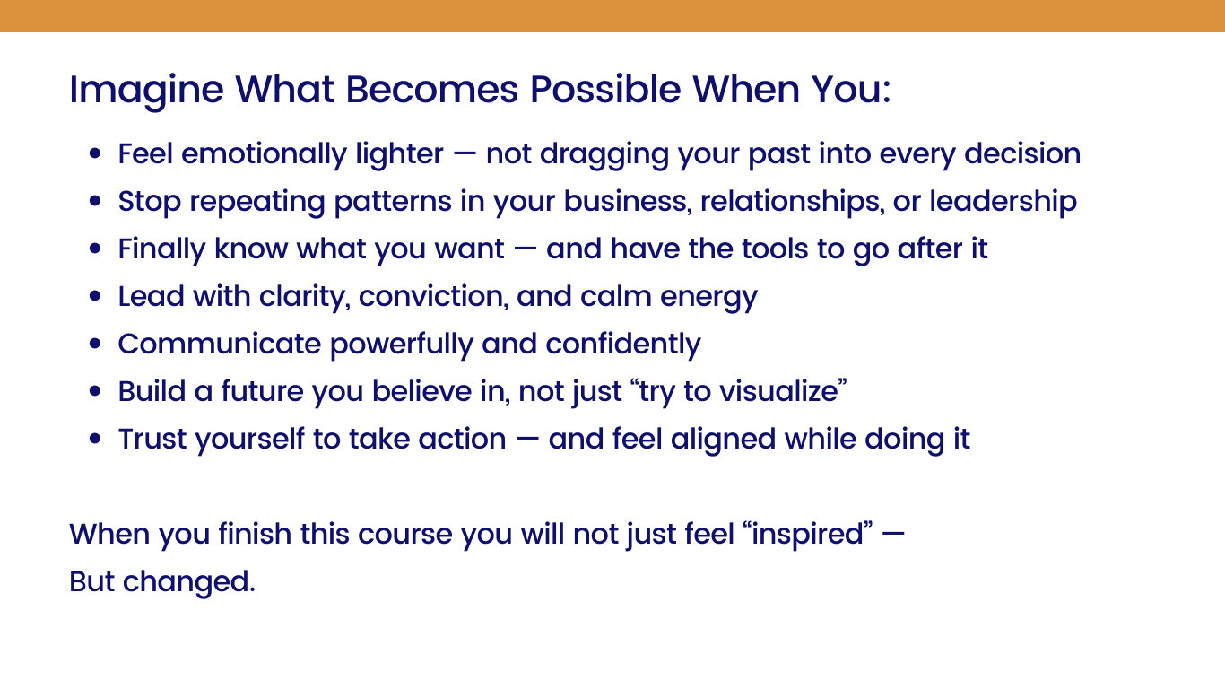 Breakthrough Bootcamp course benefits describing emotional clarity, aligned leadership, confident communication, and creating a meaningful future beyond traditional goal setting.