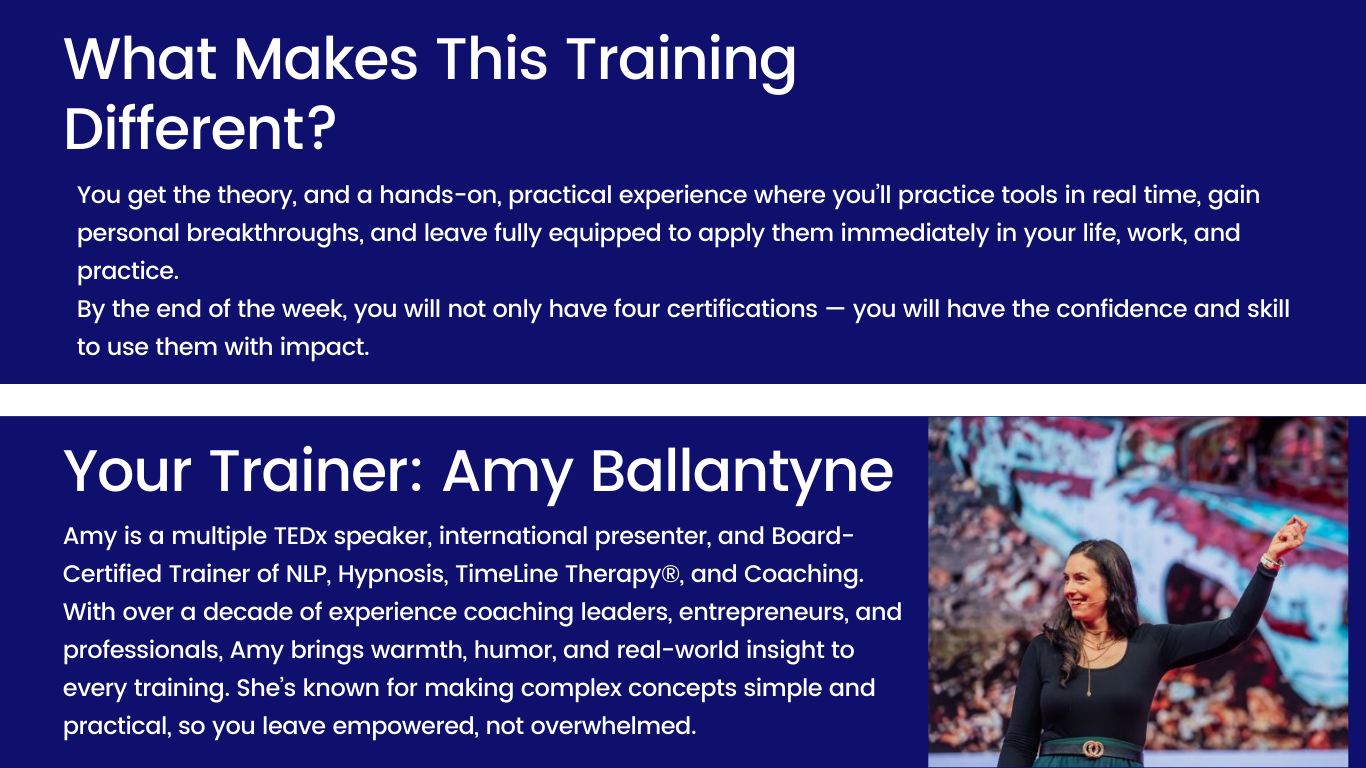 What makes this training different? You get the theory and the hands on experience practicing the tools and techniques. Taught by accredited trainer, Amy Ballantyne.