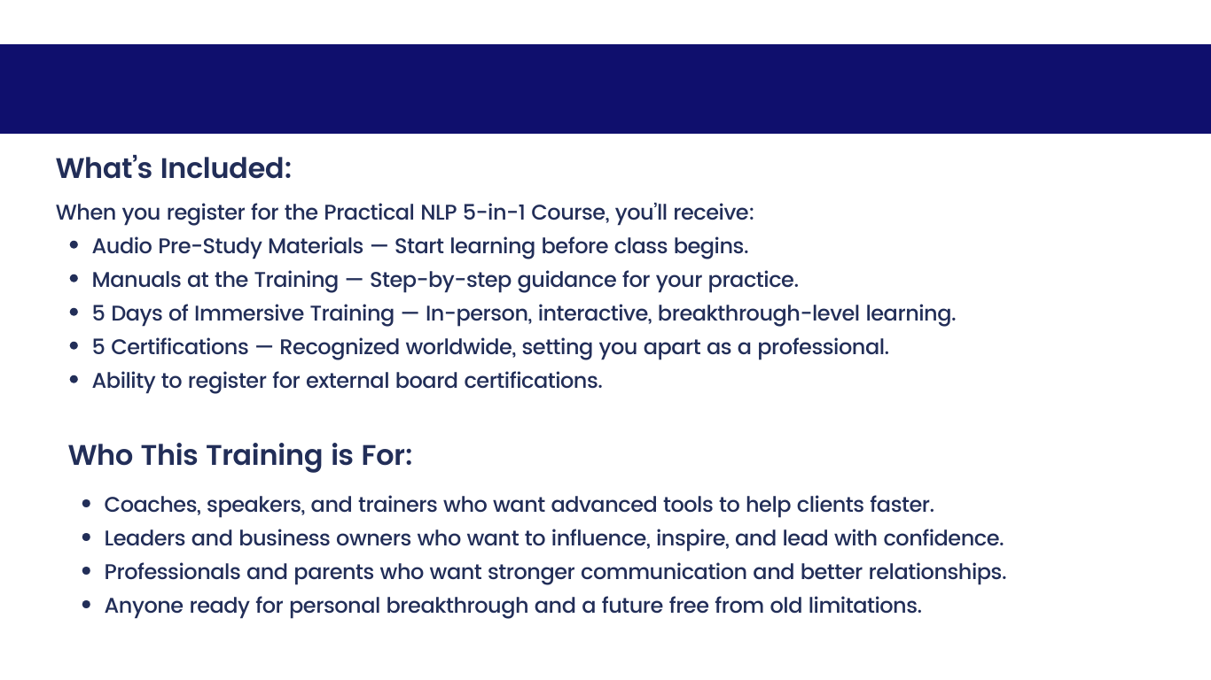 This image shows what is included in the course. pre-study materials, manuals, immersive training, certifications.