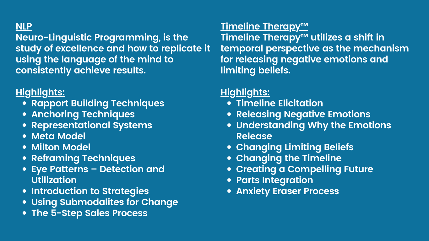 Highlights details for the NLP and TimeLine Therapy courses