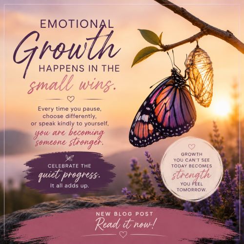 Emotional growth happens in small wins. The image shows a butterfly out of the cocoon.