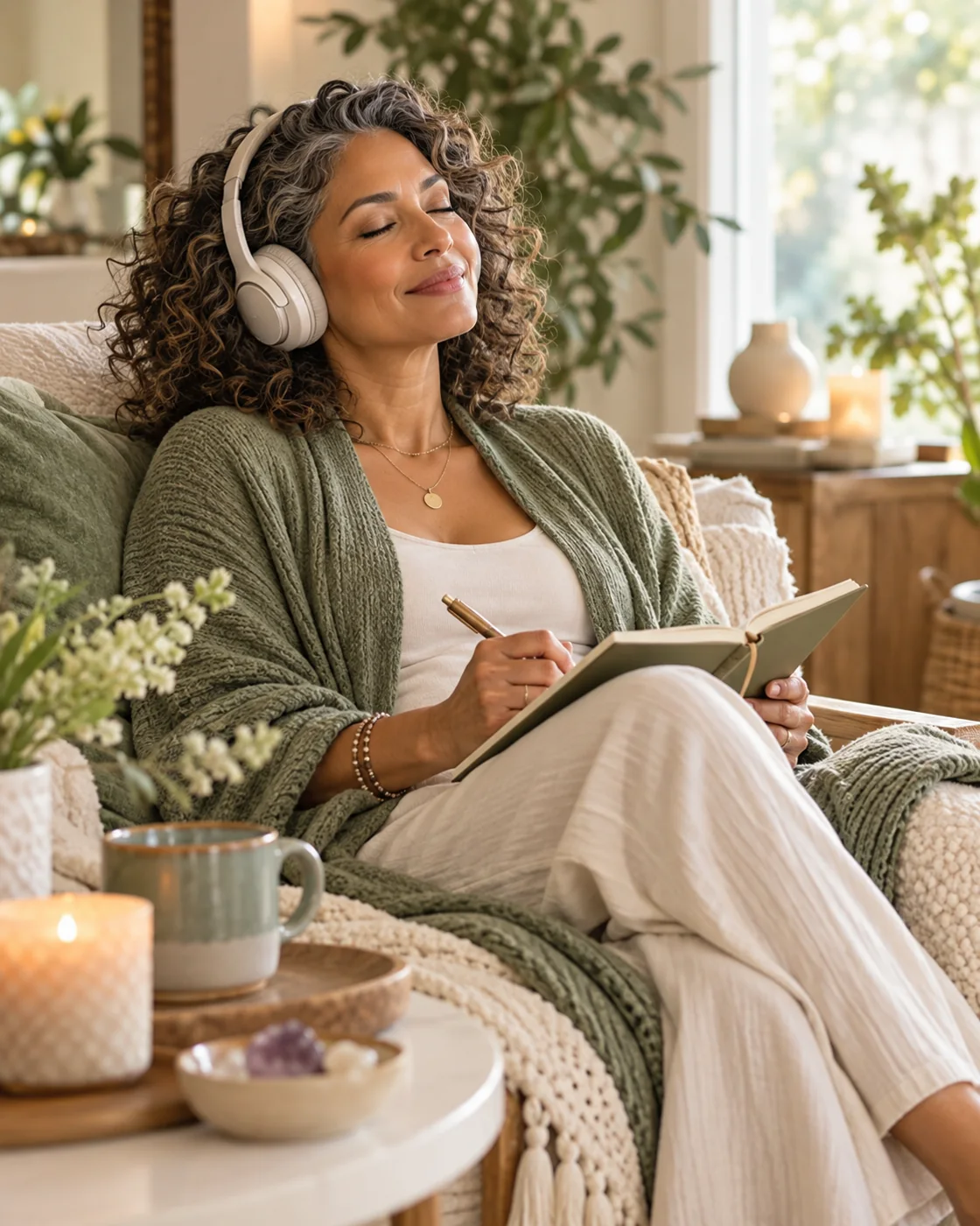 Woman listening to a guided transformation audio at home