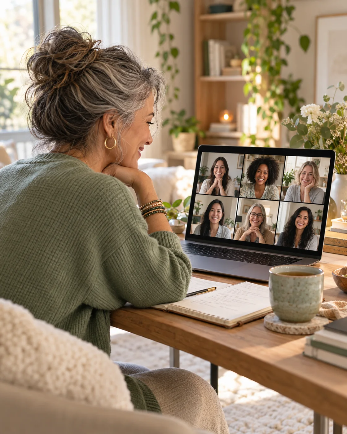 Woman joining a virtual group coaching conversation from home